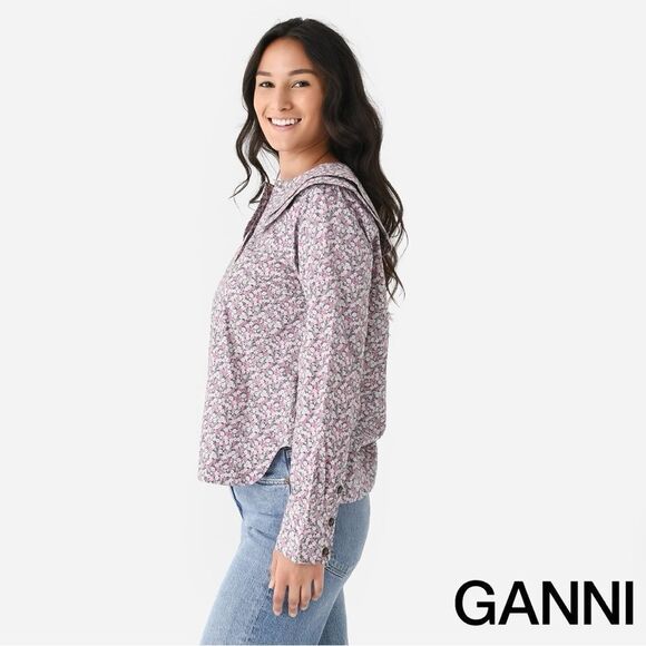 GANNI **NWT** Frost Gray Floral Print Cotton Poplin Double-Collar Shirt - Picture 11 of 16